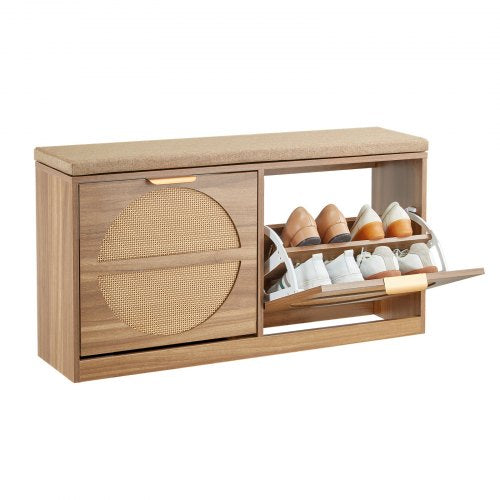 Skobänk för entrén, 988 x 240 x 500 mm rottingliknande skobänk med fällbara lådor, 180 kg skohylla med dynor, 4 fack och rottingdörrar, för hall, vardagsrum, sovrum |  EU