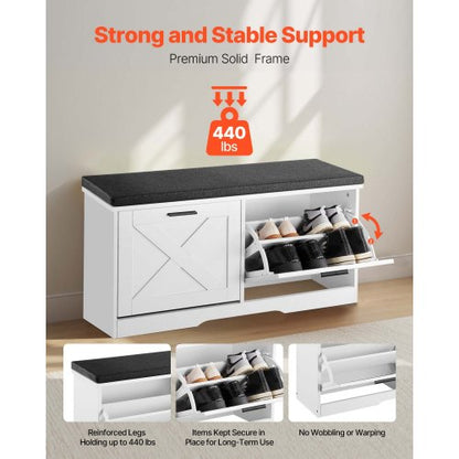 Skoförvaringsbänk för entrén, 1000 x 305 x 475 mm skoorganisatör med fällbara lådor, 180 kg smal skohylla med dynor och fällbara dörrar, för hall, vardagsrum, sovrum, svart + vit |  EU