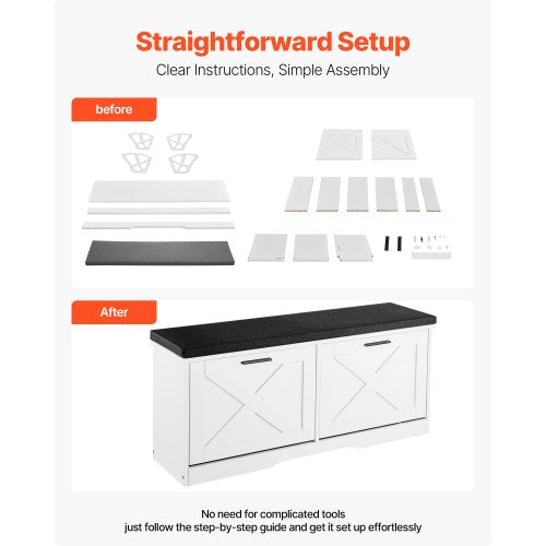 Skoförvaringsbänk för entrén, 1000 x 305 x 475 mm skoorganisatör med fällbara lådor, 180 kg smal skohylla med dynor och fällbara dörrar, för hall, vardagsrum, sovrum, svart + vit |  EU