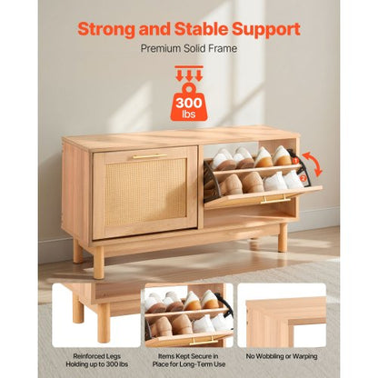 Skobänk för entrén, 1000 x 300 x 530 mm rottingliknande skobänk med 2 utfällbara lådor, skohylla 136 kg med 4 fack och 2 rottingdörrar, för hall, vardagsrum, sovrum |  EU