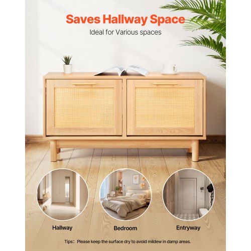 Skobänk för entrén, 1000 x 300 x 530 mm rottingliknande skobänk med 2 utfällbara lådor, skohylla 136 kg med 4 fack och 2 rottingdörrar, för hall, vardagsrum, sovrum |  EU