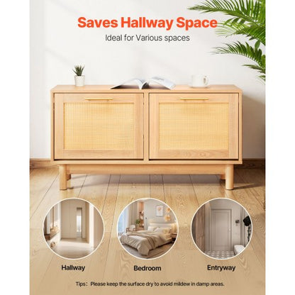 Skobänk för entrén, 1000 x 300 x 530 mm rottingliknande skobänk med 2 utfällbara lådor, skohylla 136 kg med 4 fack och 2 rottingdörrar, för hall, vardagsrum, sovrum |  EU