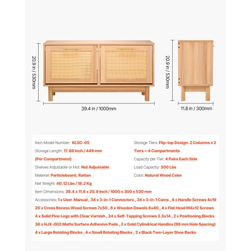 Skobänk för entrén, 1000 x 300 x 530 mm rottingliknande skobänk med 2 utfällbara lådor, skohylla 136 kg med 4 fack och 2 rottingdörrar, för hall, vardagsrum, sovrum |  EU