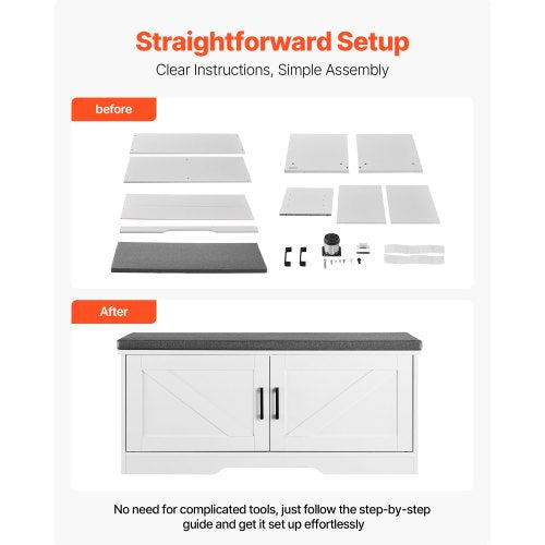 Skoförvaringsbänk, 1000 x 355 x 460 mm Skoorganisatör med stoppad sittdyna, Entrébänk med 2 ladugårdsdörrar och höjdjusterbar hylla, för hall, vardagsrum, sovrum, vit + svart |  EU