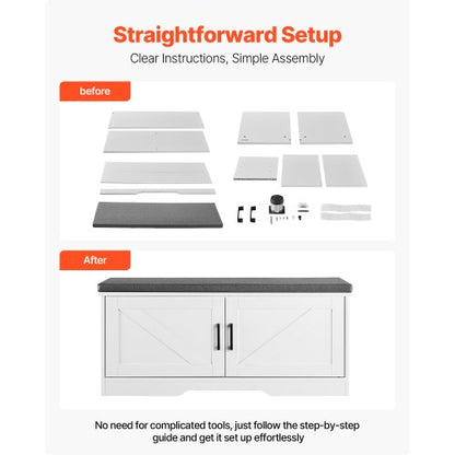 Skoförvaringsbänk, 1000 x 355 x 460 mm Skoorganisatör med stoppad sittdyna, Entrébänk med 2 ladugårdsdörrar och höjdjusterbar hylla, för hall, vardagsrum, sovrum, vit + svart |  EU
