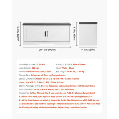 Skoförvaringsbänk, 1000 x 355 x 460 mm Skoorganisatör med stoppad sittdyna, Entrébänk med 2 ladugårdsdörrar och höjdjusterbar hylla, för hall, vardagsrum, sovrum, vit + svart |  EU