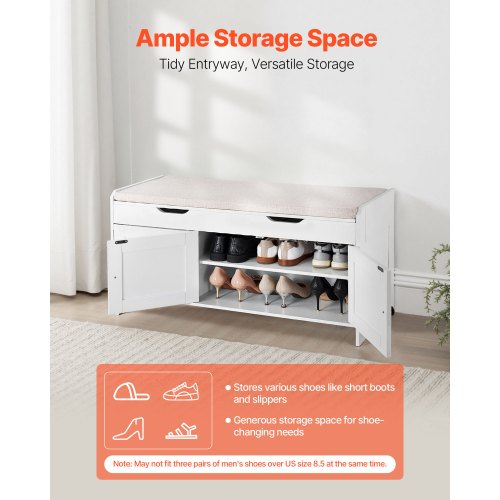 Skobänk, 1050 x 350 x 503 mm Entrébänk med lyftbar förvaring och sittdyna, skohylla för 112 kg med 3 skåp och höjdjusterbar hylla, för sovrum, hall, vit + svart |  EU