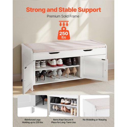 Skobänk, 1050 x 350 x 503 mm Entrébänk med lyftbar förvaring och sittdyna, skohylla för 112 kg med 3 skåp och höjdjusterbar hylla, för sovrum, hall, vit + svart |  EU