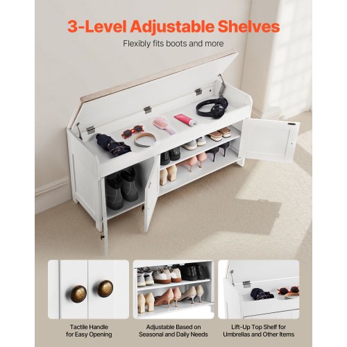 Skobänk, 1050 x 350 x 503 mm Entrébänk med lyftbar förvaring och sittdyna, skohylla för 112 kg med 3 skåp och höjdjusterbar hylla, för sovrum, hall, vit + svart |  EU
