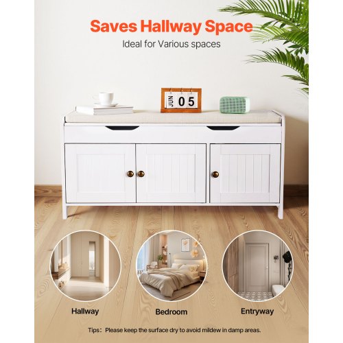 Skobänk, 1050 x 350 x 503 mm Entrébänk med lyftbar förvaring och sittdyna, skohylla för 112 kg med 3 skåp och höjdjusterbar hylla, för sovrum, hall, vit + svart |  EU