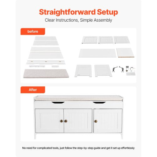 Skobänk, 1050 x 350 x 503 mm Entrébänk med lyftbar förvaring och sittdyna, skohylla för 112 kg med 3 skåp och höjdjusterbar hylla, för sovrum, hall, vit + svart |  EU