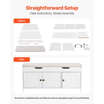 Skobänk, 1050 x 350 x 503 mm Entrébänk med lyftbar förvaring och sittdyna, skohylla för 112 kg med 3 skåp och höjdjusterbar hylla, för sovrum, hall, vit + svart |  EU