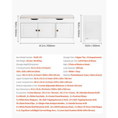 Skobänk, 1050 x 350 x 503 mm Entrébänk med lyftbar förvaring och sittdyna, skohylla för 112 kg med 3 skåp och höjdjusterbar hylla, för sovrum, hall, vit + svart |  EU