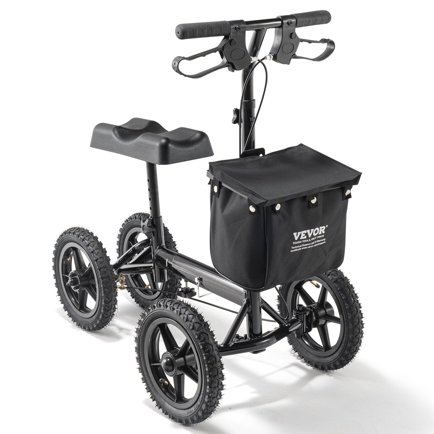 Hopfällbar knäskoter, styrbar knärullator i aluminium med höjdjusterbart styre och knäskydd, 12" terränghjul, dubbla bromsar, benåterställningsskoter för trasiga ankelfotskador, 350 LBS