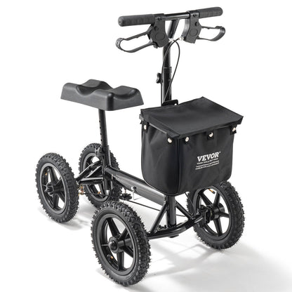 Hopfällbar knäskoter, styrbar knärullator i aluminium med höjdjusterbart styre och knäskydd, 12" terränghjul, dubbla bromsar, benåterställningsskoter för trasiga ankelfotskador, 350 LBS