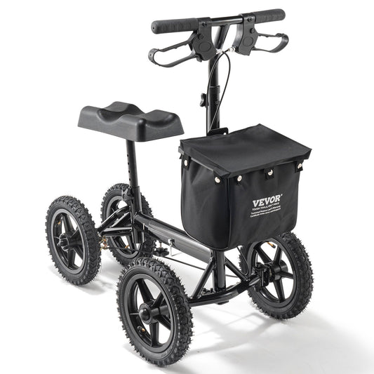 Hopfällbar knäskoter, styrbar knärullator i aluminium med höjdjusterbart styre och knäskydd, 12" terränghjul, dubbla bromsar, benåterställningsskoter för trasiga ankelfotskador, 350 LBS