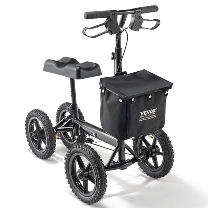 Hopfällbar knäskoter, styrbar knärullator i aluminium med höjdjusterbart styre och knäskydd, 12" terränghjul, dubbla bromsar, benåterställningsskoter för trasiga ankelfotskador, 350 LBS