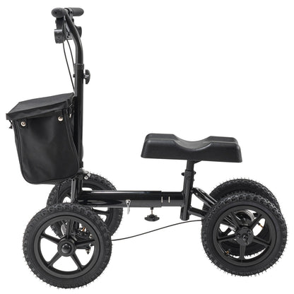 Hopfällbar knäskoter, styrbar knärullator i aluminium med höjdjusterbart styre och knäskydd, 12" terränghjul, dubbla bromsar, benåterställningsskoter för trasiga ankelfotskador, 350 LBS