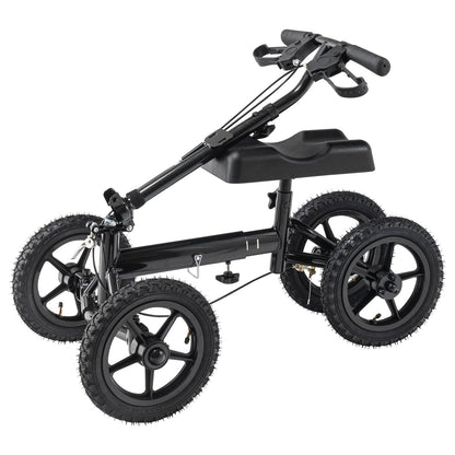 Hopfällbar knäskoter, styrbar knärullator i aluminium med höjdjusterbart styre och knäskydd, 12" terränghjul, dubbla bromsar, benåterställningsskoter för trasiga ankelfotskador, 350 LBS