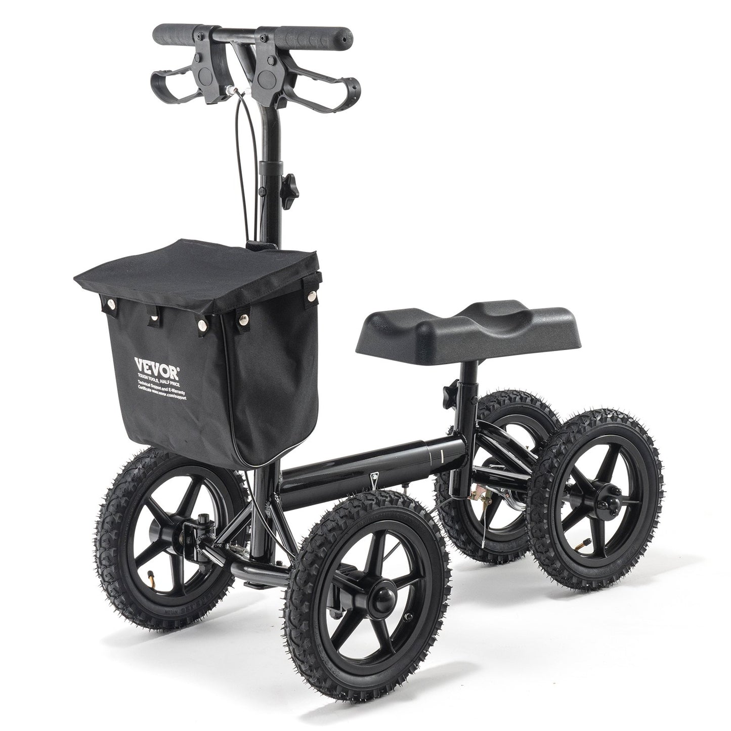 Hopfällbar knäskoter, styrbar knärullator i aluminium med höjdjusterbart styre och knäskydd, 12" terränghjul, dubbla bromsar, benåterställningsskoter för trasiga ankelfotskador, 350 LBS