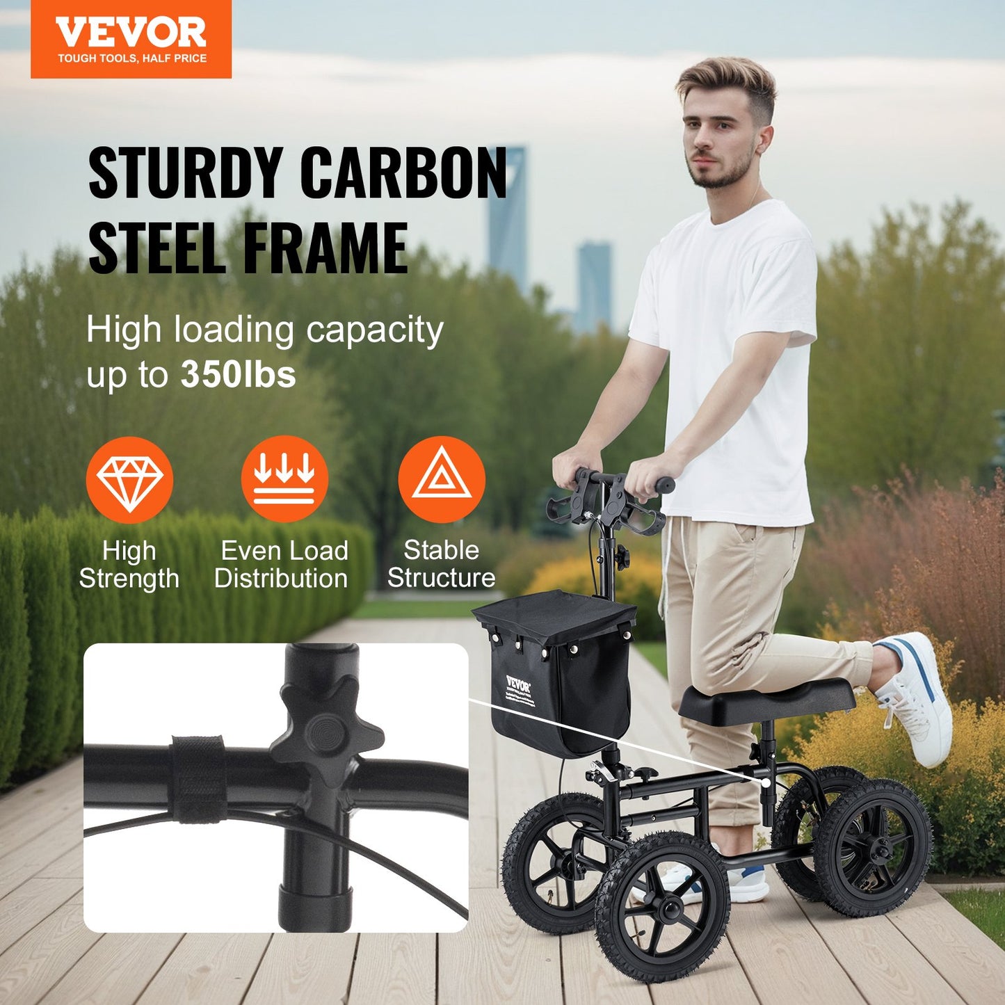 Folding Knä Scooter, Kolstål Styrbar Knee Walker med höjdjusterbart styre och knäskydd, 12" terränghjul, dubbla bromsar, benåterställningsskoter för skadad fotled, fotknä, 350 LBS