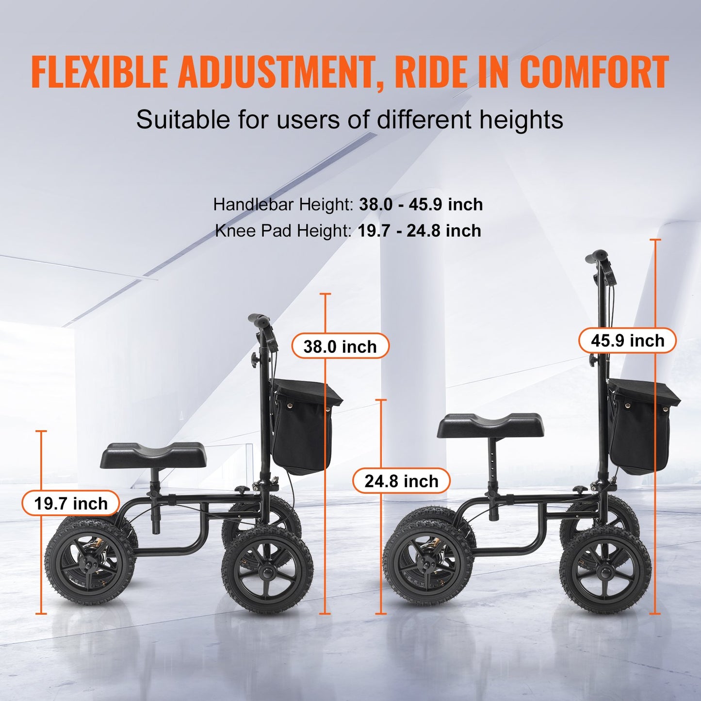 Folding Knä Scooter, Kolstål Styrbar Knee Walker med höjdjusterbart styre och knäskydd, 12" terränghjul, dubbla bromsar, benåterställningsskoter för skadad fotled, fotknä, 350 LBS
