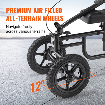 Folding Knä Scooter, Kolstål Styrbar Knee Walker med höjdjusterbart styre och knäskydd, 12" terränghjul, dubbla bromsar, benåterställningsskoter för skadad fotled, fotknä, 350 LBS