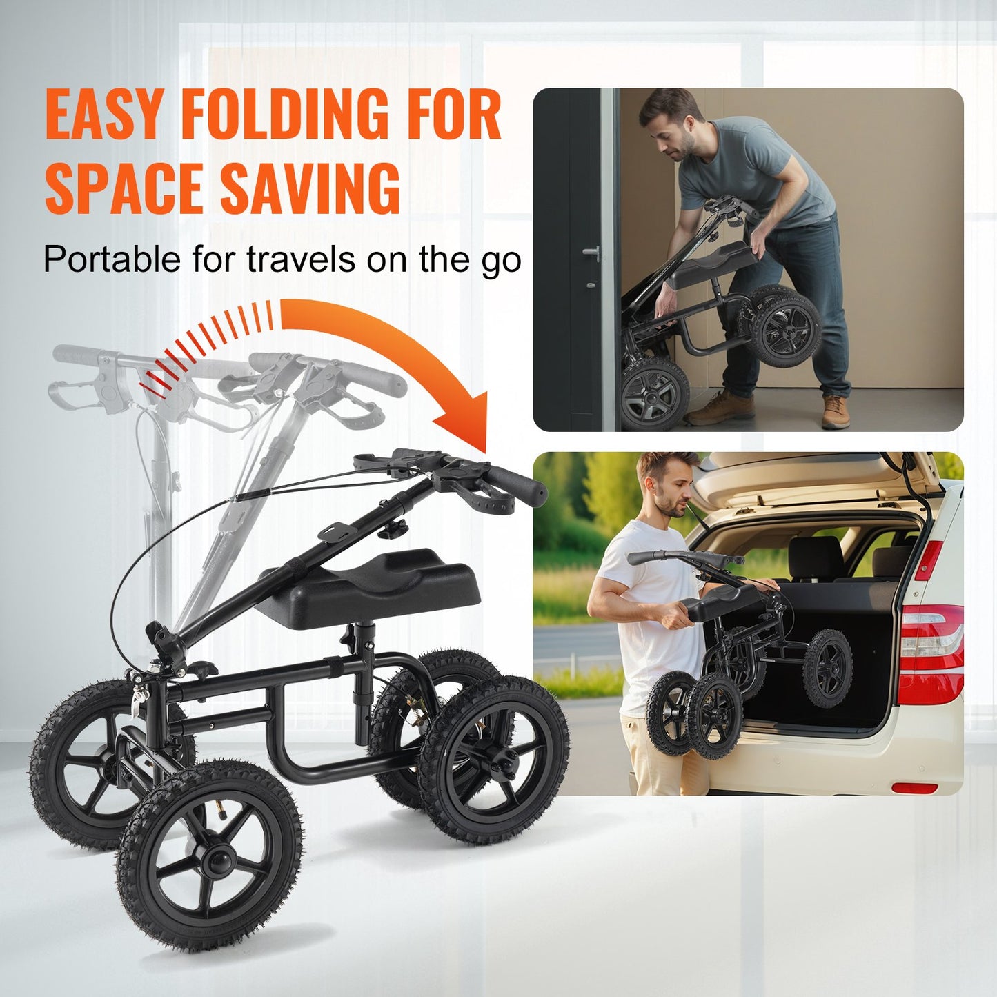 Folding Knä Scooter, Kolstål Styrbar Knee Walker med höjdjusterbart styre och knäskydd, 12" terränghjul, dubbla bromsar, benåterställningsskoter för skadad fotled, fotknä, 350 LBS