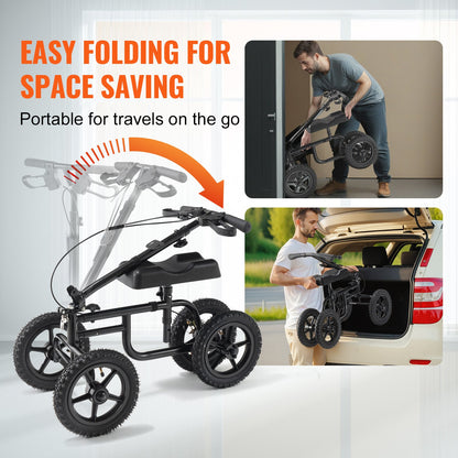 Folding Knä Scooter, Kolstål Styrbar Knee Walker med höjdjusterbart styre och knäskydd, 12" terränghjul, dubbla bromsar, benåterställningsskoter för skadad fotled, fotknä, 350 LBS