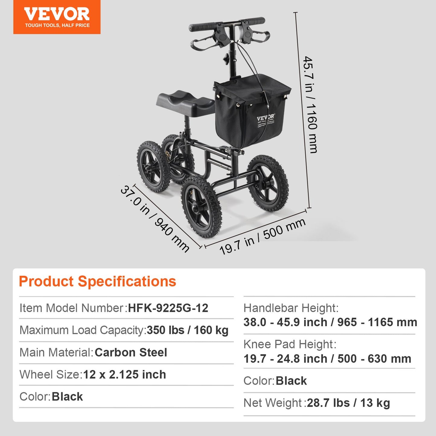 Folding Knä Scooter, Kolstål Styrbar Knee Walker med höjdjusterbart styre och knäskydd, 12" terränghjul, dubbla bromsar, benåterställningsskoter för skadad fotled, fotknä, 350 LBS