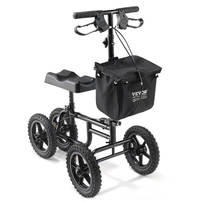 Folding Knä Scooter, Kolstål Styrbar Knee Walker med höjdjusterbart styre och knäskydd, 12" terränghjul, dubbla bromsar, benåterställningsskoter för skadad fotled, fotknä, 350 LBS