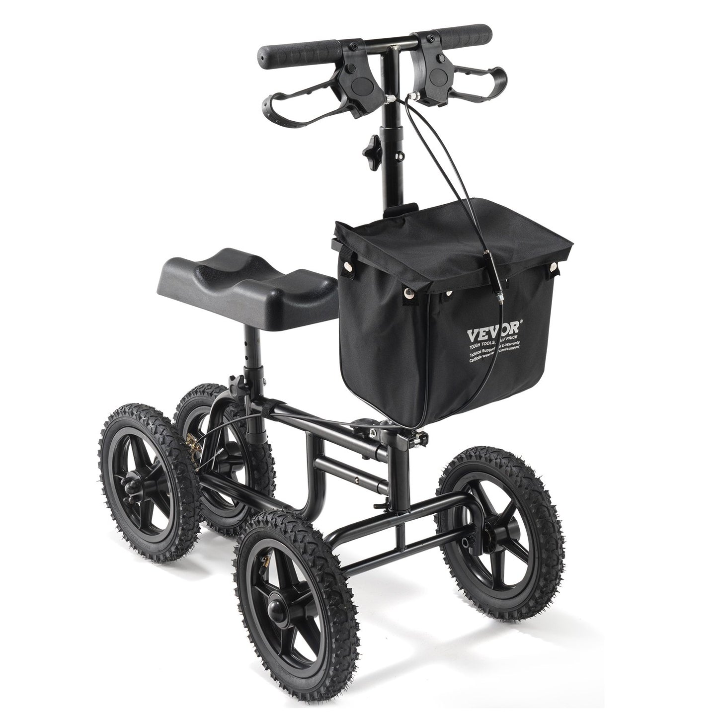 Folding Knä Scooter, Kolstål Styrbar Knee Walker med höjdjusterbart styre och knäskydd, 12" terränghjul, dubbla bromsar, benåterställningsskoter för skadad fotled, fotknä, 350 LBS