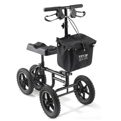 Folding Knä Scooter, Kolstål Styrbar Knee Walker med höjdjusterbart styre och knäskydd, 12" terränghjul, dubbla bromsar, benåterställningsskoter för skadad fotled, fotknä, 350 LBS