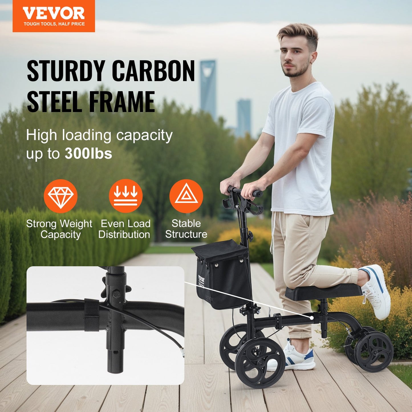 Folding Knä Scooter, Kolstål Styrbar Knee Walker med höjdjusterbart styre & knäskydd, terrängfasta hjul, dubbla bromsar, benåterställningsskoter för trasiga ankelfotskador