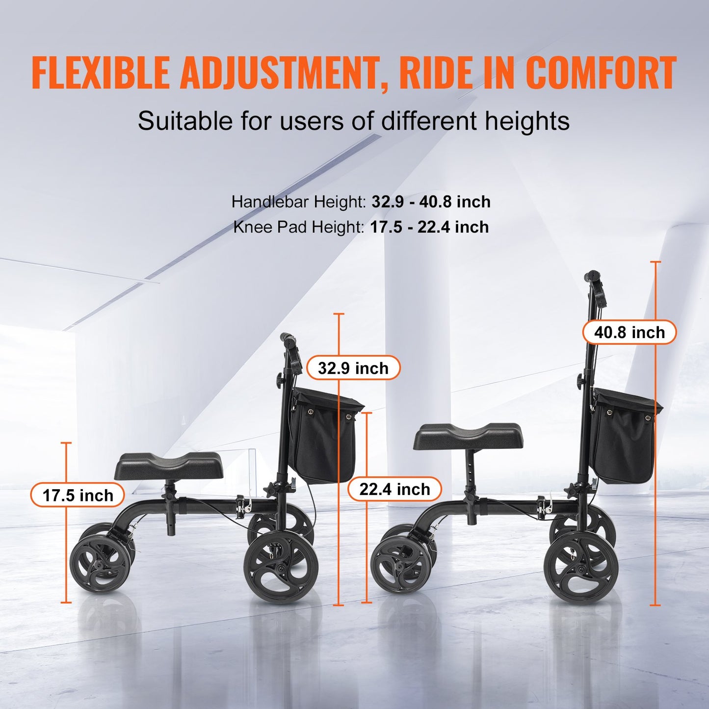 Folding Knä Scooter, Kolstål Styrbar Knee Walker med höjdjusterbart styre & knäskydd, terrängfasta hjul, dubbla bromsar, benåterställningsskoter för trasiga ankelfotskador