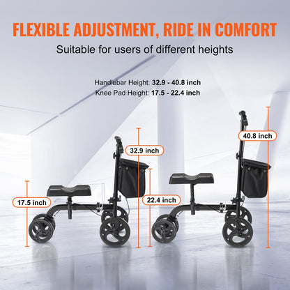 Folding Knä Scooter, Kolstål Styrbar Knee Walker med höjdjusterbart styre & knäskydd, terrängfasta hjul, dubbla bromsar, benåterställningsskoter för trasiga ankelfotskador