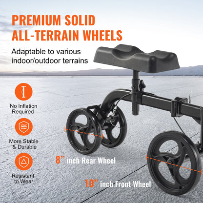 Folding Knä Scooter, Kolstål Styrbar Knee Walker med höjdjusterbart styre & knäskydd, terrängfasta hjul, dubbla bromsar, benåterställningsskoter för trasiga ankelfotskador