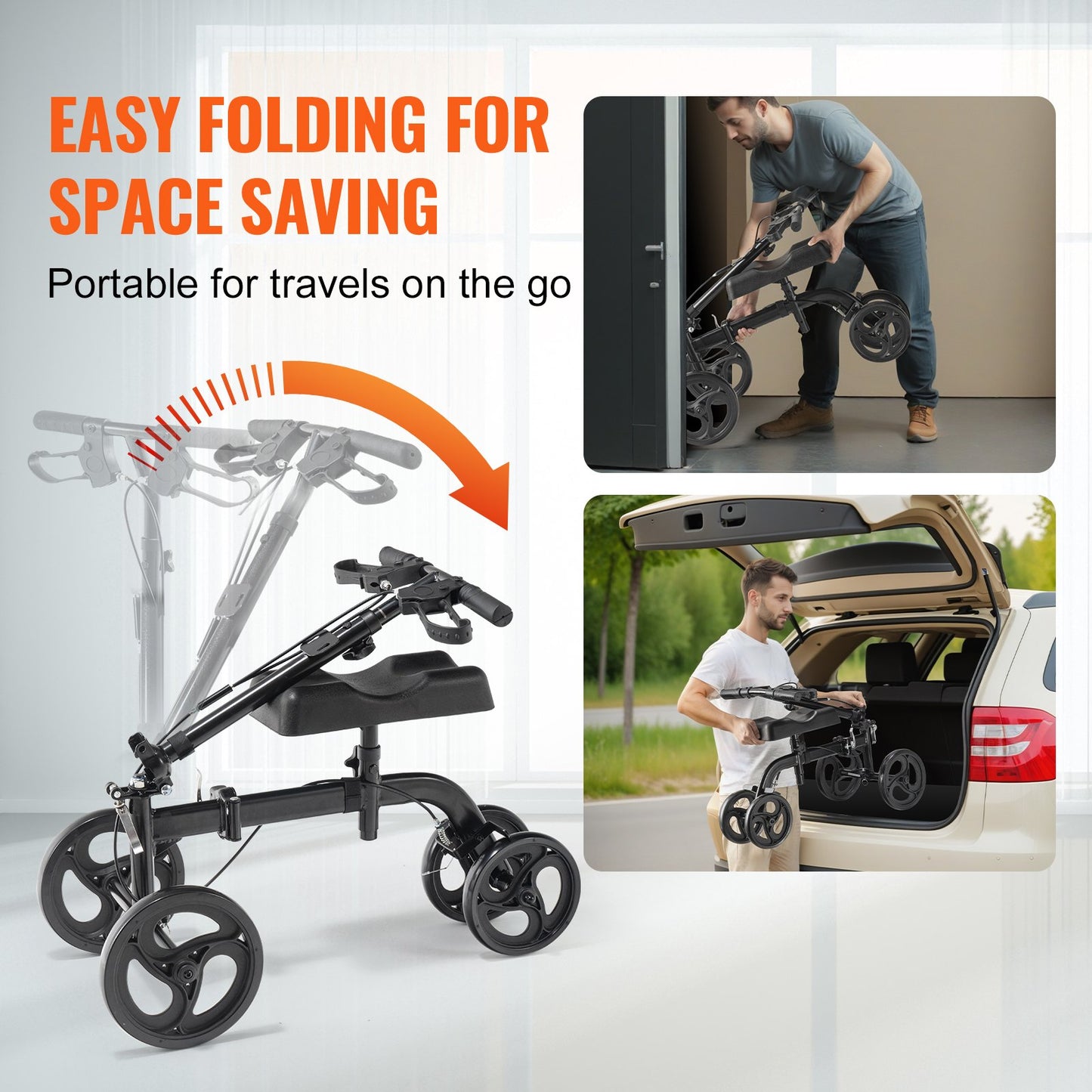 Folding Knä Scooter, Kolstål Styrbar Knee Walker med höjdjusterbart styre & knäskydd, terrängfasta hjul, dubbla bromsar, benåterställningsskoter för trasiga ankelfotskador