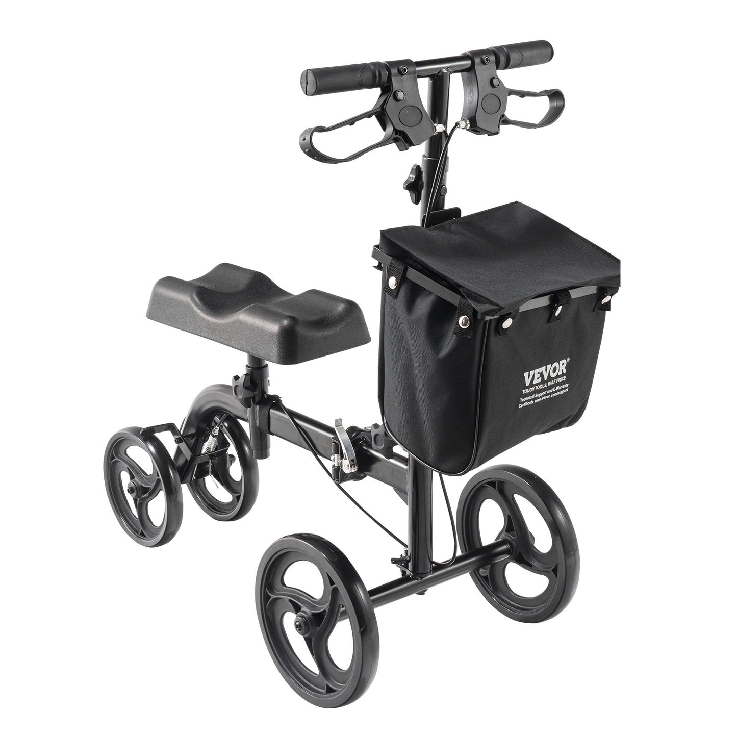 Folding Knä Scooter, Kolstål Styrbar Knee Walker med höjdjusterbart styre & knäskydd, terrängfasta hjul, dubbla bromsar, benåterställningsskoter för trasiga ankelfotskador