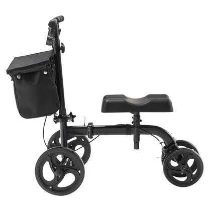 Folding Knä Scooter, Kolstål Styrbar Knee Walker med höjdjusterbart styre & knäskydd, terrängfasta hjul, dubbla bromsar, benåterställningsskoter för trasiga ankelfotskador