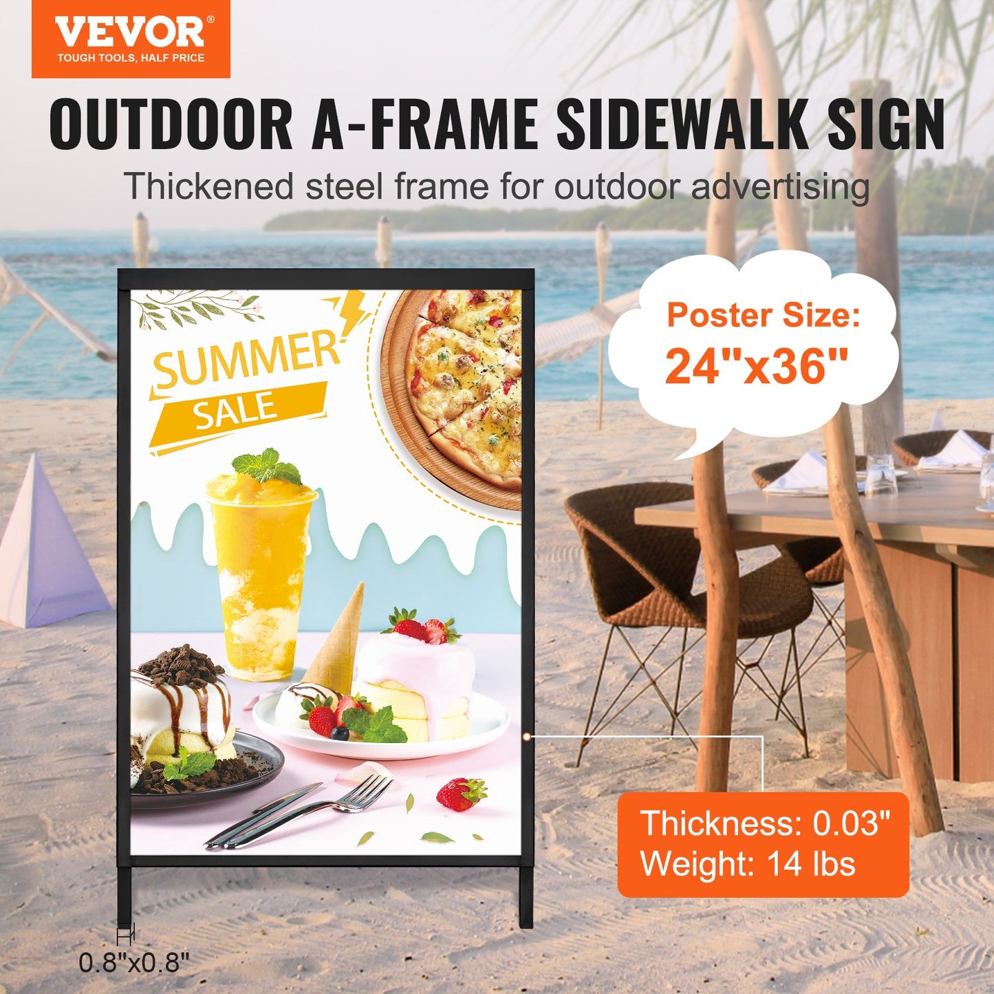 A Frame Sidewalk Sign, 24x36 Inch Heavy Duty Sign Holder with Retractable Sign, Double Sided Folding Sandwich Signs, Steel Sidewalk Sign for Outdoor Street Advertising (Frame Only)