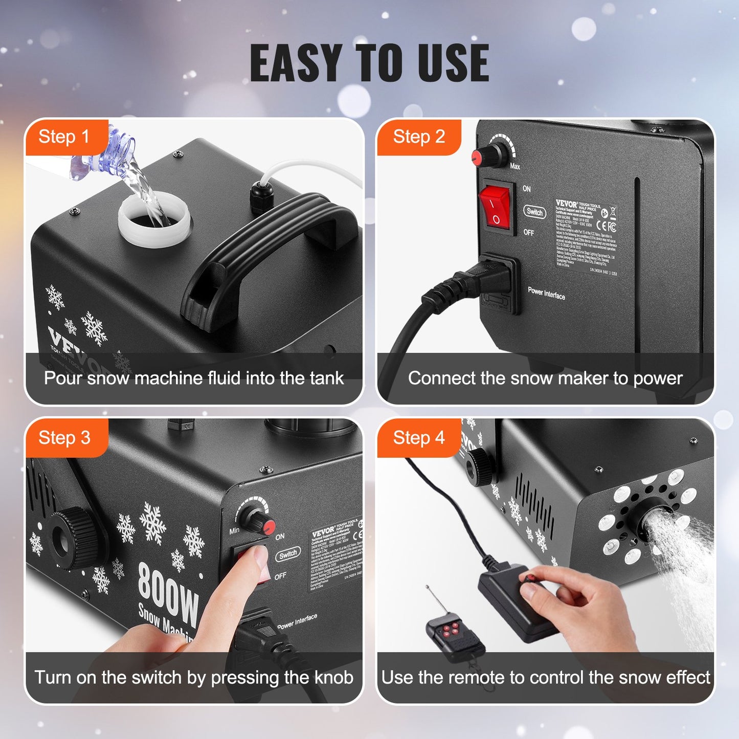 Snow Machine 800W Handhållen hängande snömaskin med LED-ljus för semester