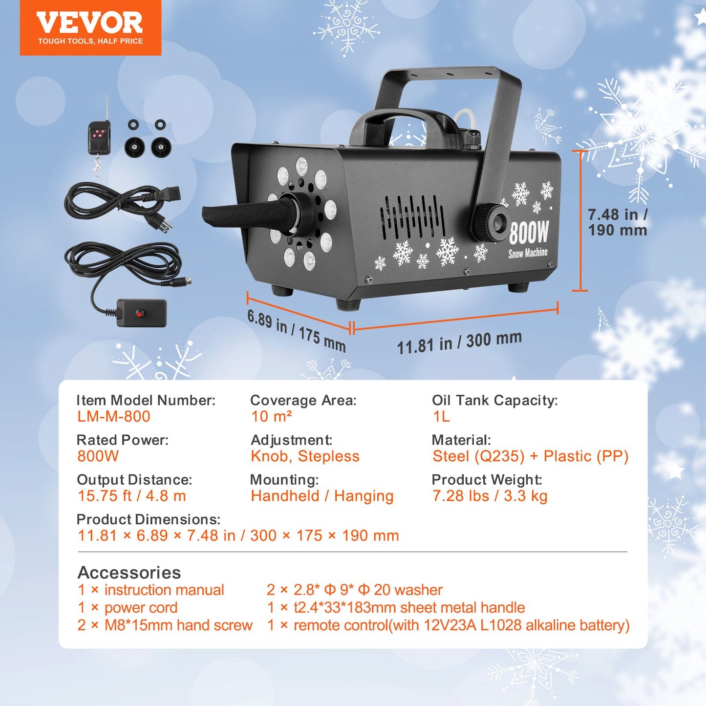 Snow Machine 800W Handhållen hängande snömaskin med LED-ljus för semester