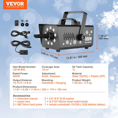 Snow Machine 800W Handhållen hängande snömaskin med LED-ljus för semester