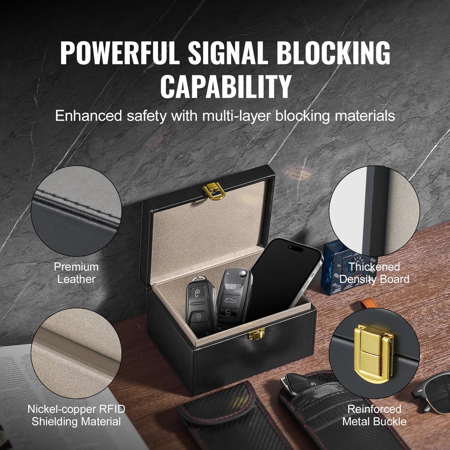 Faraday Box Signalblockeringshållare för 5~8 bilnycklar med 2 nyckelpåsar Svart