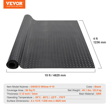 Diamond-Plate gummigolvrulle, 3 mm x 4 fot x 15 fot garagegolvmatta, SBR gummigaragegolvrulle, lätt att rengöra, Diamond Plate gummimatta för under bilar, Garage Industry Gym, svart