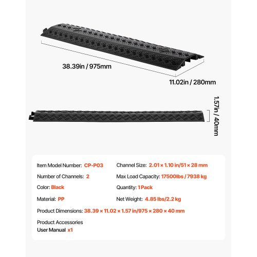Kabelskydd för nedfall, 7 938 kg/axellastkapacitet, Kraftig kabelslangskyddsramp, Golvkabelskydd, För områden med hög gångtrafik, Inomhus, Utomhus, Hem, Kontor, Lager, 1-pack |  EU