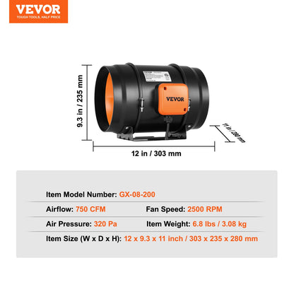 203,2 mm inline kanalfläkt HVAC avgasfläktsats AC variabel hastighetskontroll