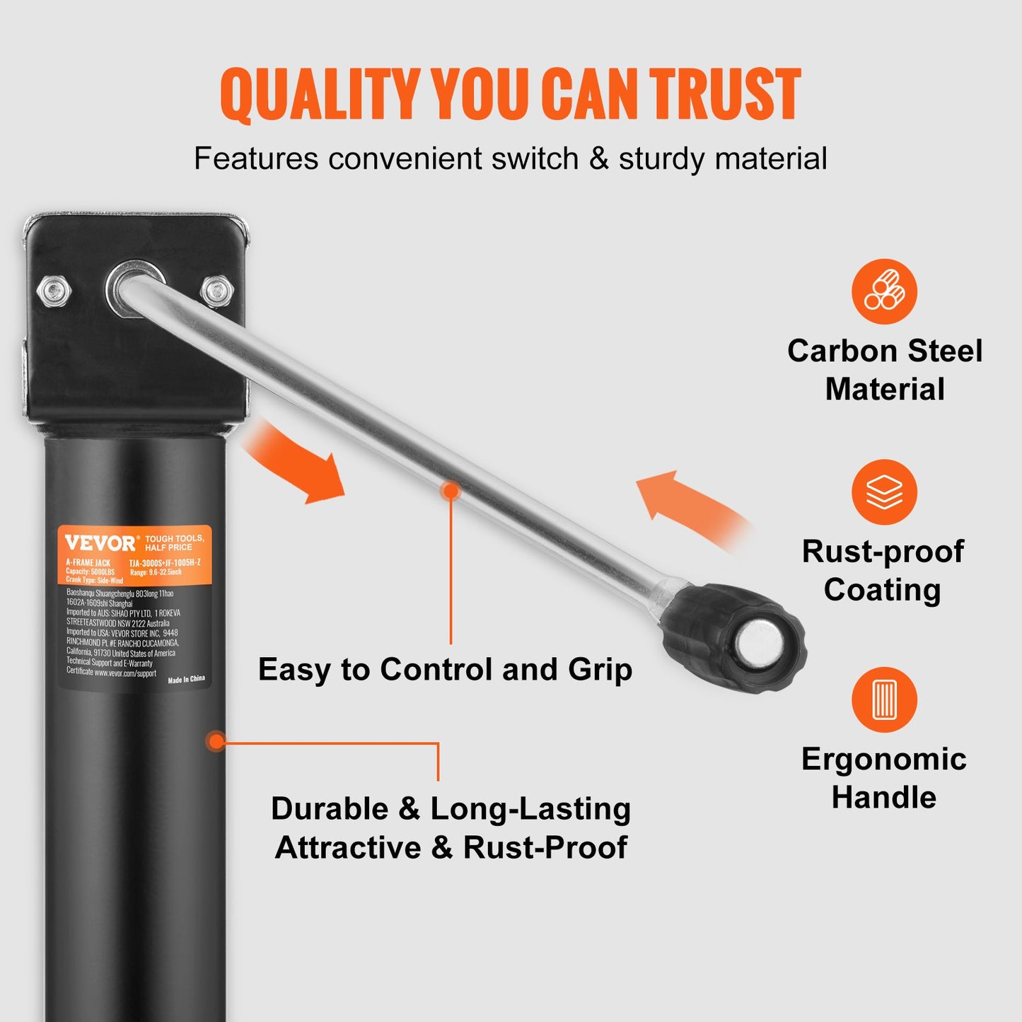 Trailer Jack, Trailer Tongue Jack A-frame Bolt on Weight Capacity 5000 lb, Trailer Jack Stand with Handle for Lifting RV Trailer, Horse Trailer, Utility Trailer, Yacht Trailer