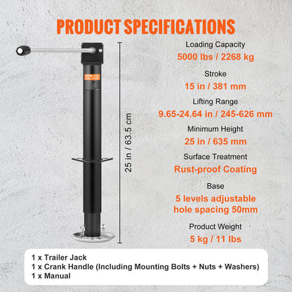 Trailer Jack, Trailer Tongue Jack A-frame Bolt on Weight Capacity 5000 lb, Trailer Jack Stand with Handle for Lifting RV Trailer, Horse Trailer, Utility Trailer, Yacht Trailer